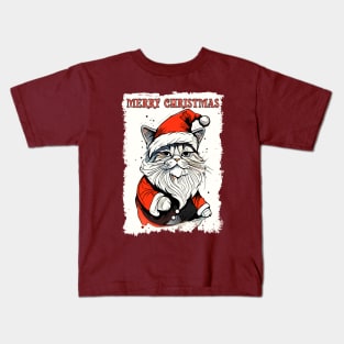 Funny Merry Christmas Quote Cute Santa Claus Cat Illustration for Pet Lovers and Owners Kids T-Shirt